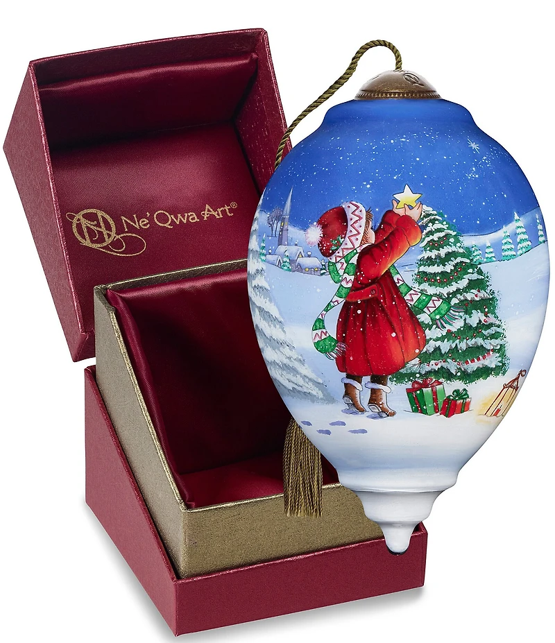 Ne' Qwa Art Girl Putting Star on Tree Hand Painted Blown Glass Ornament