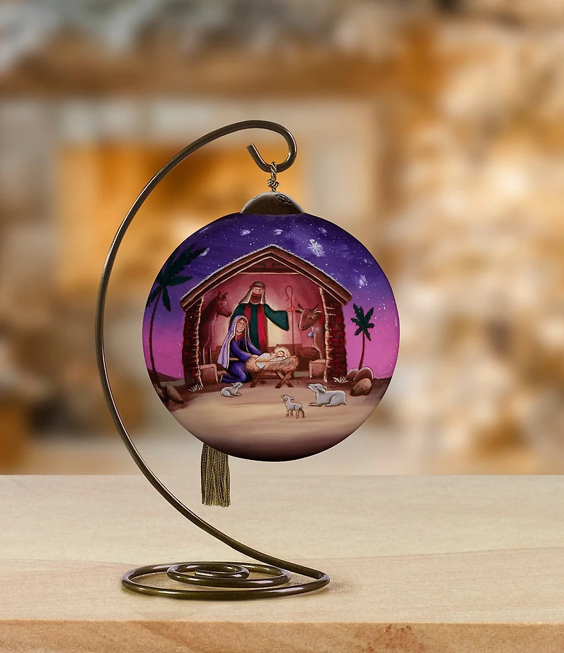 Ne' Qwa Art Holy Family in Stable Hand Painted Blown Glass Ornament