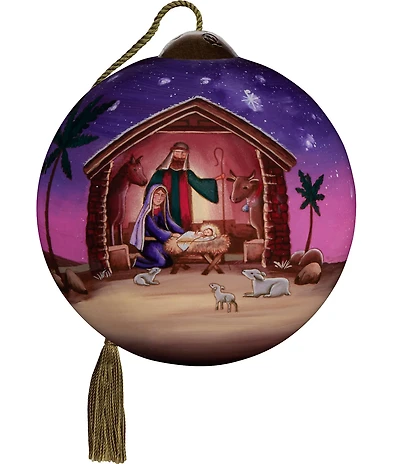 Ne' Qwa Art Holy Family in Stable Hand Painted Blown Glass Ornament