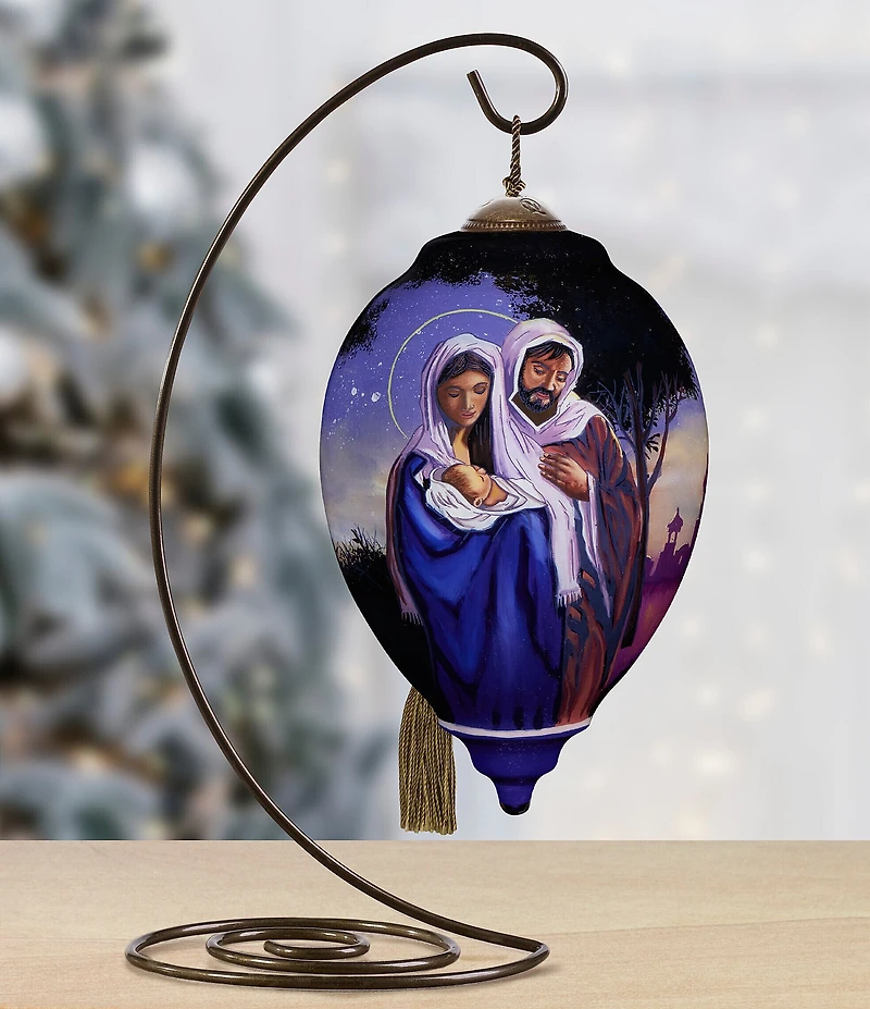 Ne' Qwa Art Holy Family With Trees In Background Hand Painted Blown Glass Ornament