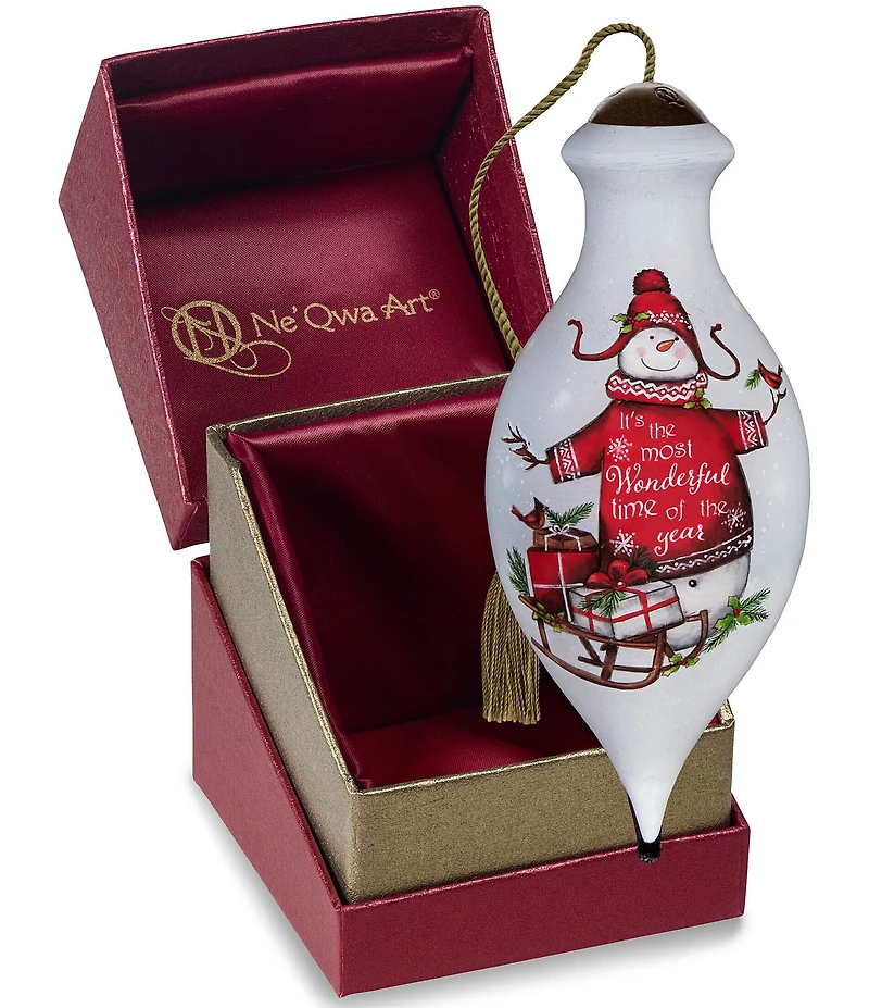 Ne' Qwa Art #double;It's the Most Wonderful Time of the Year#double; Tall Snowman With Sled Hand Painted Blown Glass Ornament