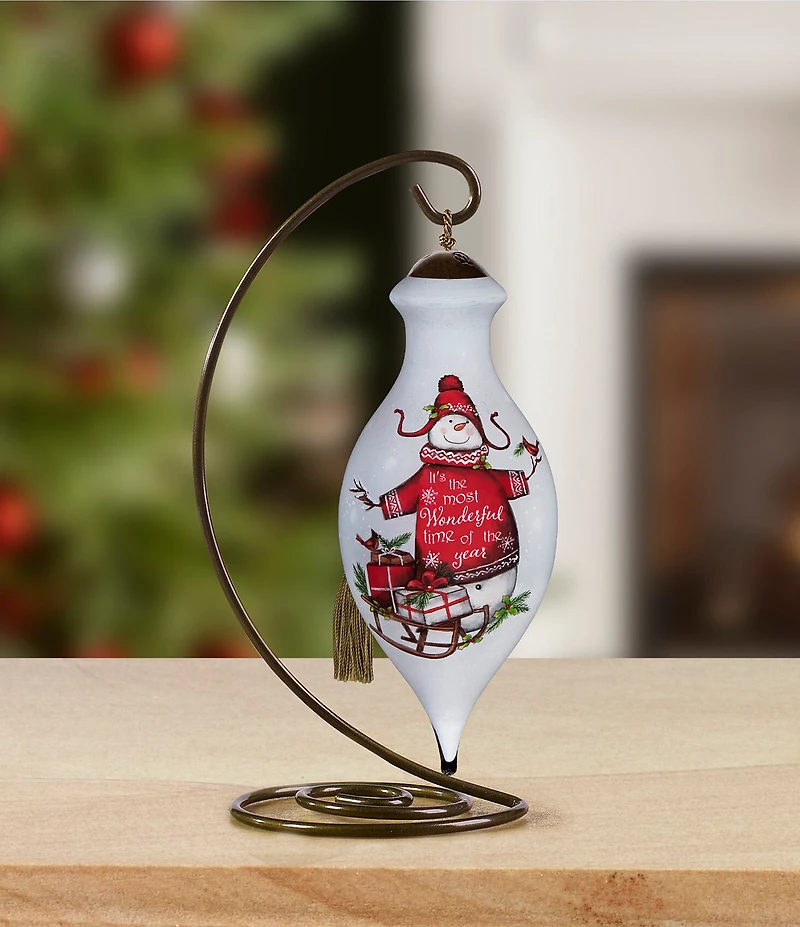 Ne' Qwa Art #double;It's the Most Wonderful Time of the Year#double; Tall Snowman With Sled Hand Painted Blown Glass Ornament