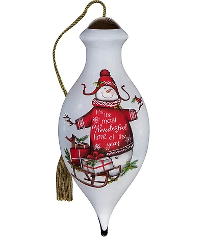 Ne' Qwa Art #double;It's the Most Wonderful Time of the Year#double; Tall Snowman With Sled Hand Painted Blown Glass Ornament
