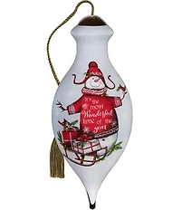 Ne' Qwa Art #double;It's the Most Wonderful Time of the Year#double; Tall Snowman With Sled Hand Painted Blown Glass Ornament
