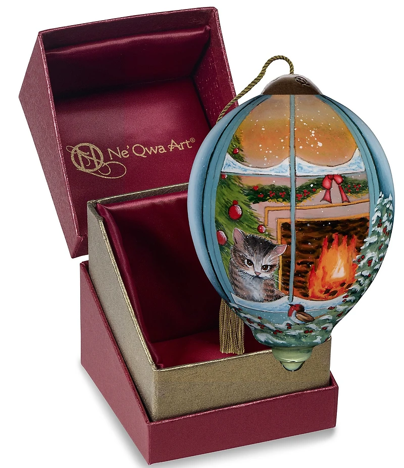 Ne' Qwa Art Kitten Looking out Window Hand Painted Blown Glass Ornament