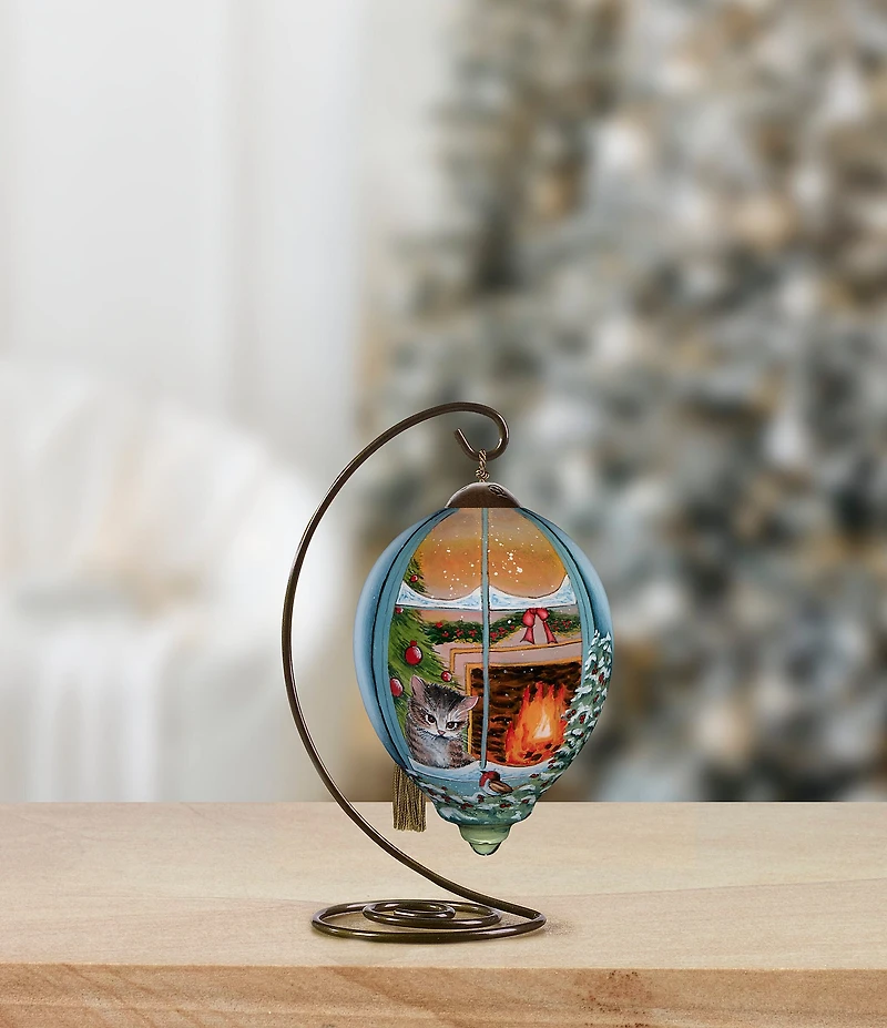 Ne' Qwa Art Kitten Looking out Window Hand Painted Blown Glass Ornament
