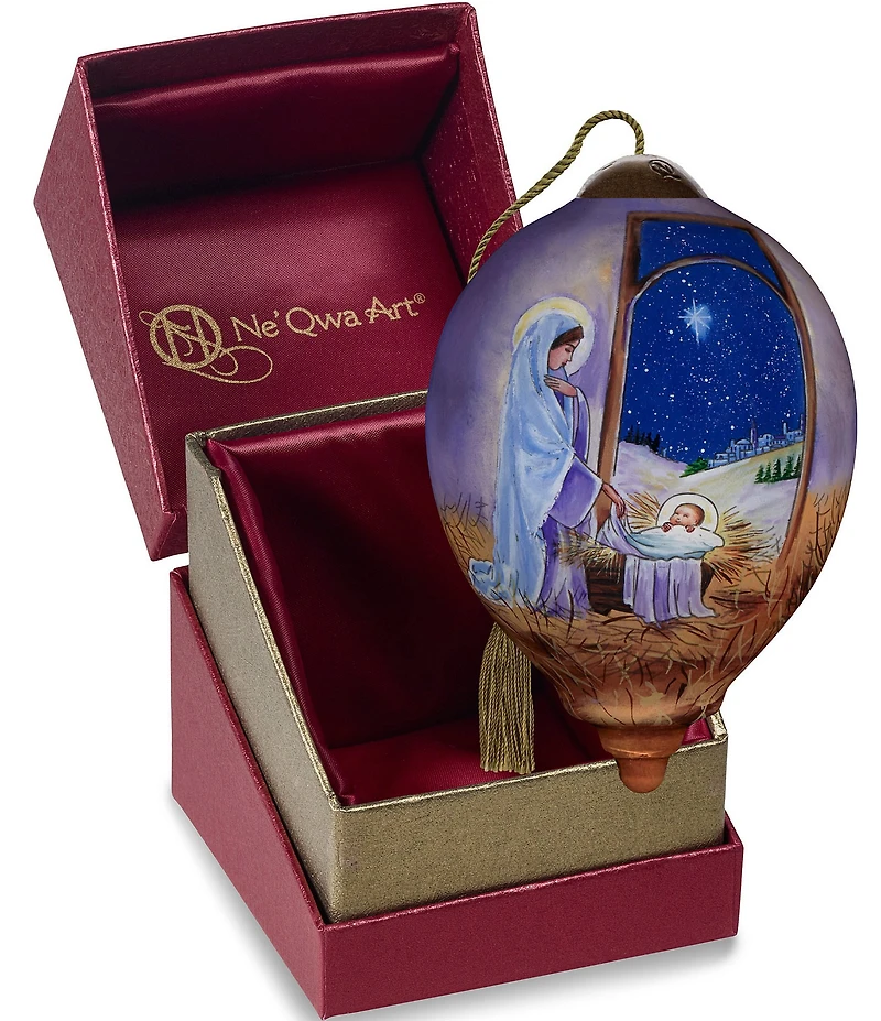 Ne' Qwa Art Mary and Jesus in Stable Hand Painted Blown Glass Ornament
