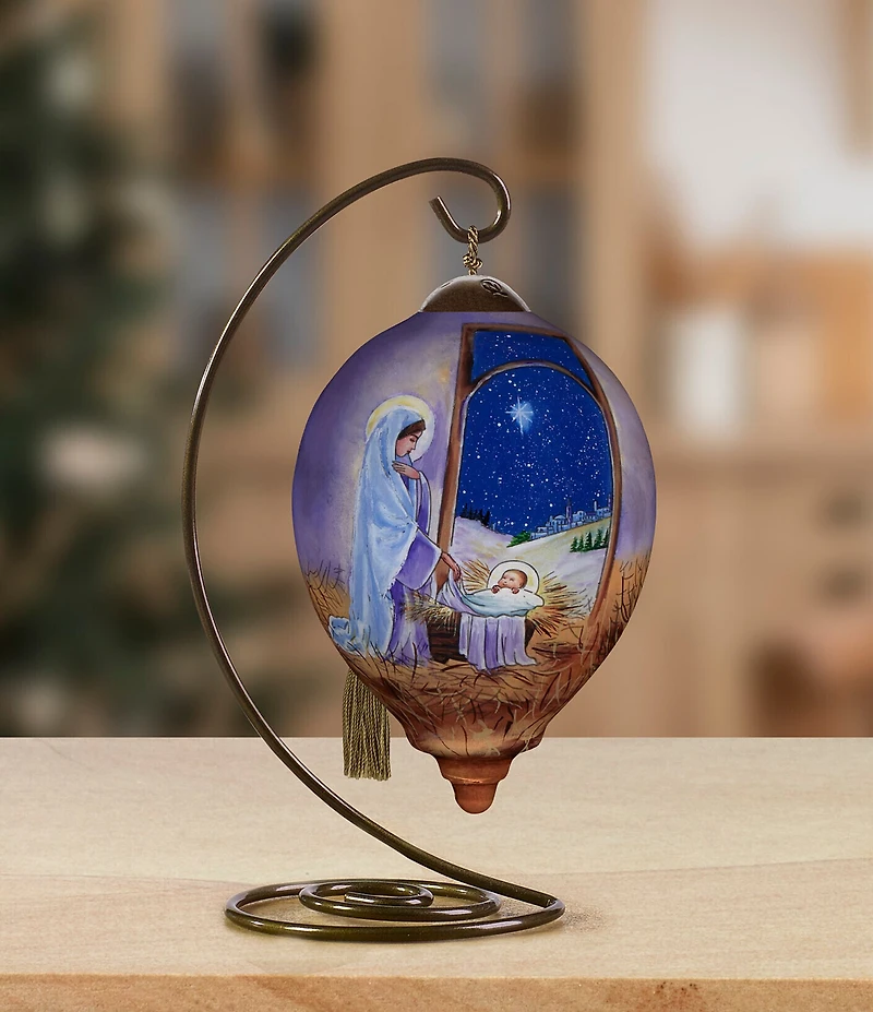 Ne' Qwa Art Mary and Jesus in Stable Hand Painted Blown Glass Ornament