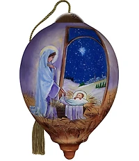 Ne' Qwa Art Mary and Jesus in Stable Hand Painted Blown Glass Ornament