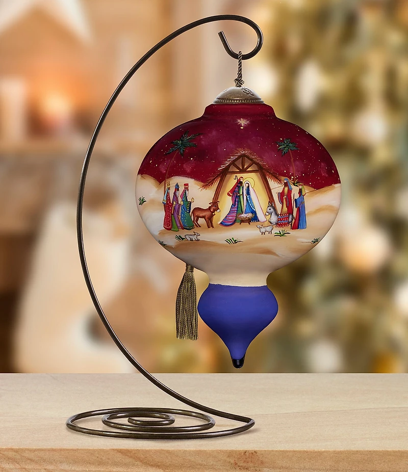 Ne' Qwa Art Nativity With Wisemen and City Hand Painted Blown Glass Ornament