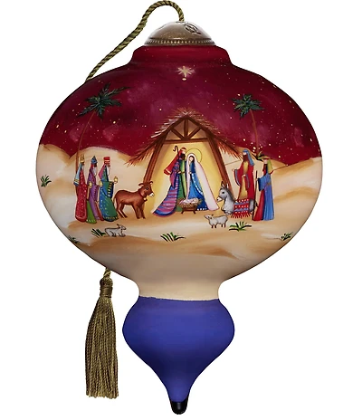 Ne' Qwa Art Nativity With Wisemen and City Hand Painted Blown Glass Ornament