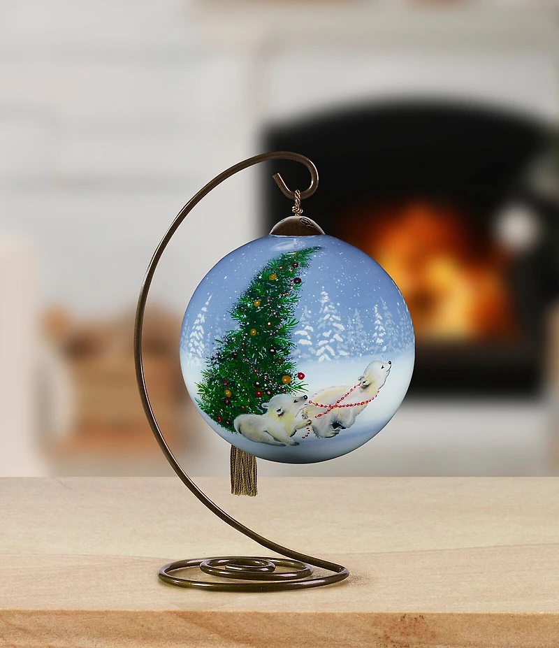 Ne' Qwa Art Polar Bear Cubs with Tree Hand Painted Blown Glass Ornament