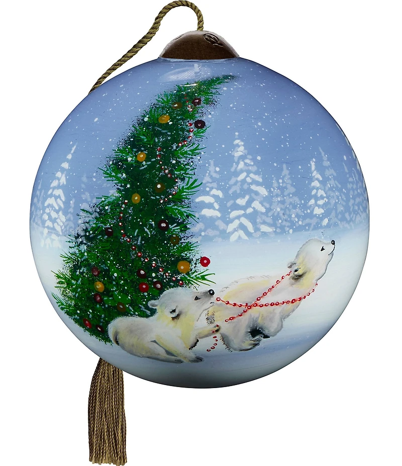 Ne' Qwa Art Polar Bear Cubs with Tree Hand Painted Blown Glass Ornament