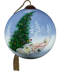 Ne' Qwa Art Polar Bear Cubs with Tree Hand Painted Blown Glass Ornament
