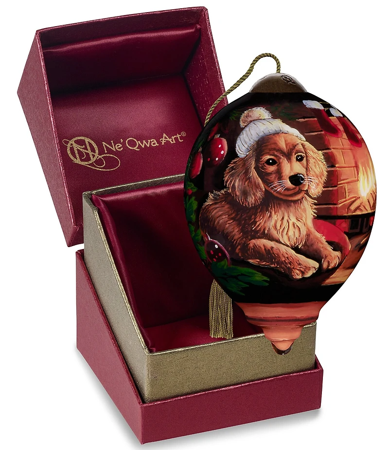 Ne' Qwa Art Puppy By Fireplace Hand Painted Blown Glass Ornament