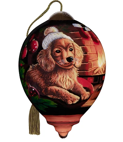 Ne' Qwa Art Puppy By Fireplace Hand Painted Blown Glass Ornament