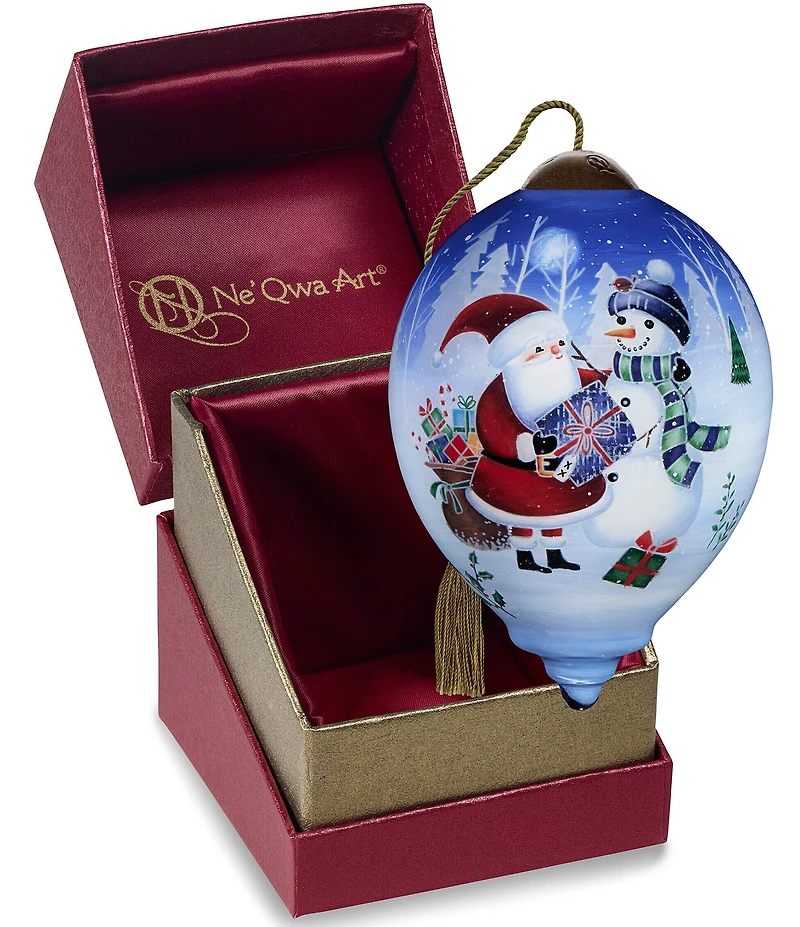 Ne' Qwa Art Santa and Snowman With Gift Hand Painted Blown Glass Ornament
