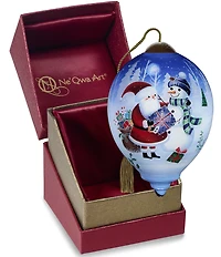 Ne' Qwa Art Santa and Snowman With Gift Hand Painted Blown Glass Ornament