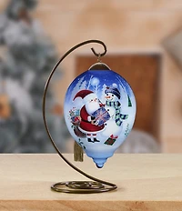 Ne' Qwa Art Santa and Snowman With Gift Hand Painted Blown Glass Ornament