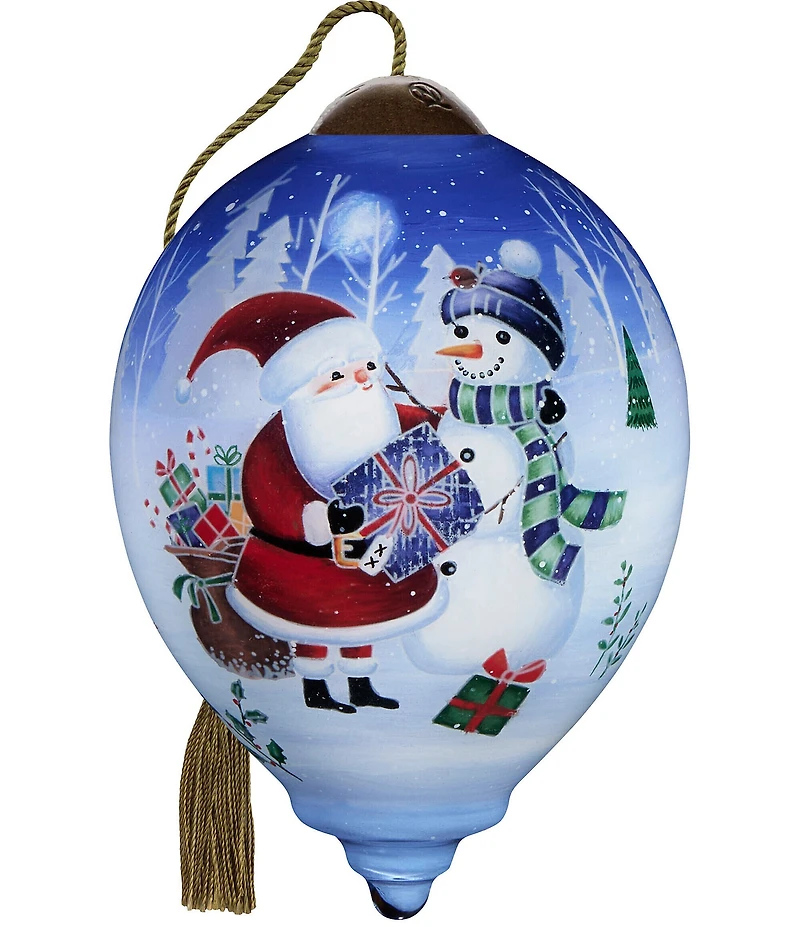 Ne' Qwa Art Santa and Snowman With Gift Hand Painted Blown Glass Ornament