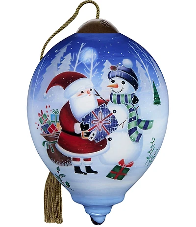 Ne' Qwa Art Santa and Snowman With Gift Hand Painted Blown Glass Ornament