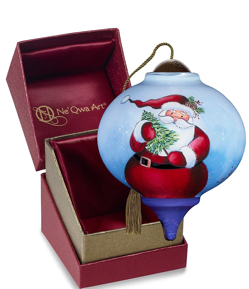 Ne' Qwa Art Santa Holding Tree With Long Hat Hand Painted Blown Glass Ornament