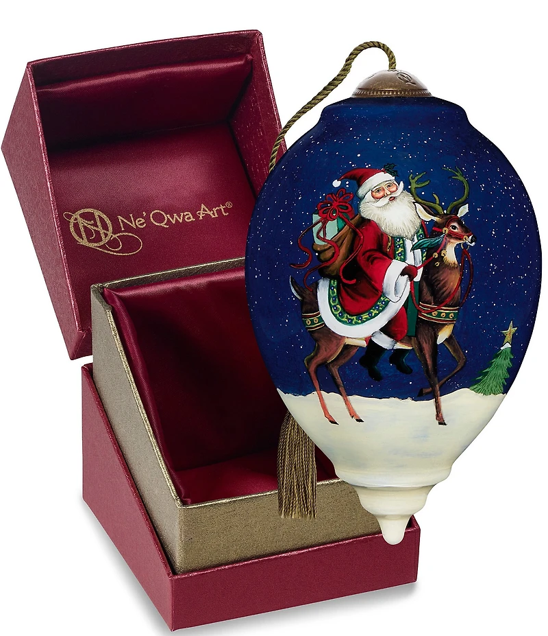 Ne' Qwa Art Santa Riding Reindeer Hand Painted Blown Glass Ornament