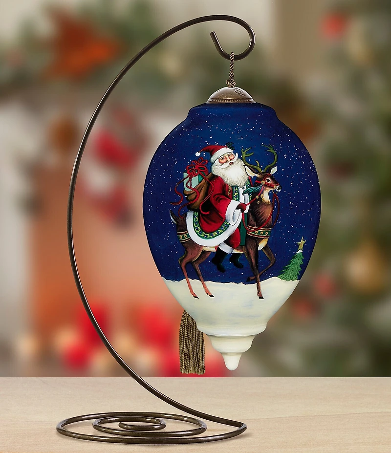 Ne' Qwa Art Santa Riding Reindeer Hand Painted Blown Glass Ornament