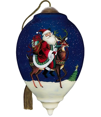 Ne' Qwa Art Santa Riding Reindeer Hand Painted Blown Glass Ornament