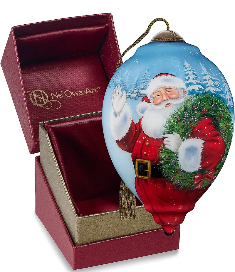 Ne' Qwa Art Santa Waving with Wreath Hand Painted Blown Glass Ornament