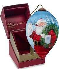 Ne' Qwa Art Santa Waving with Wreath Hand Painted Blown Glass Ornament