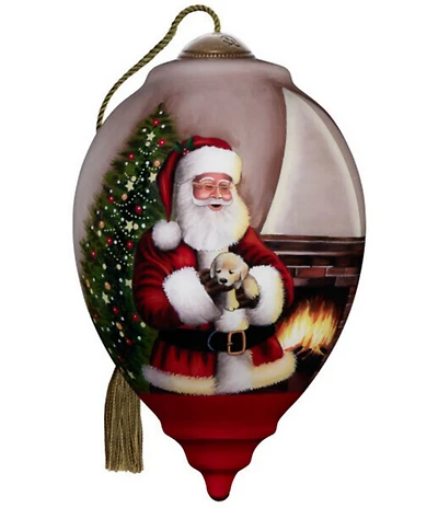 Ne' Qwa Art Santa with Puppy by Fireplace Hand Painted Blown Glass Ornament