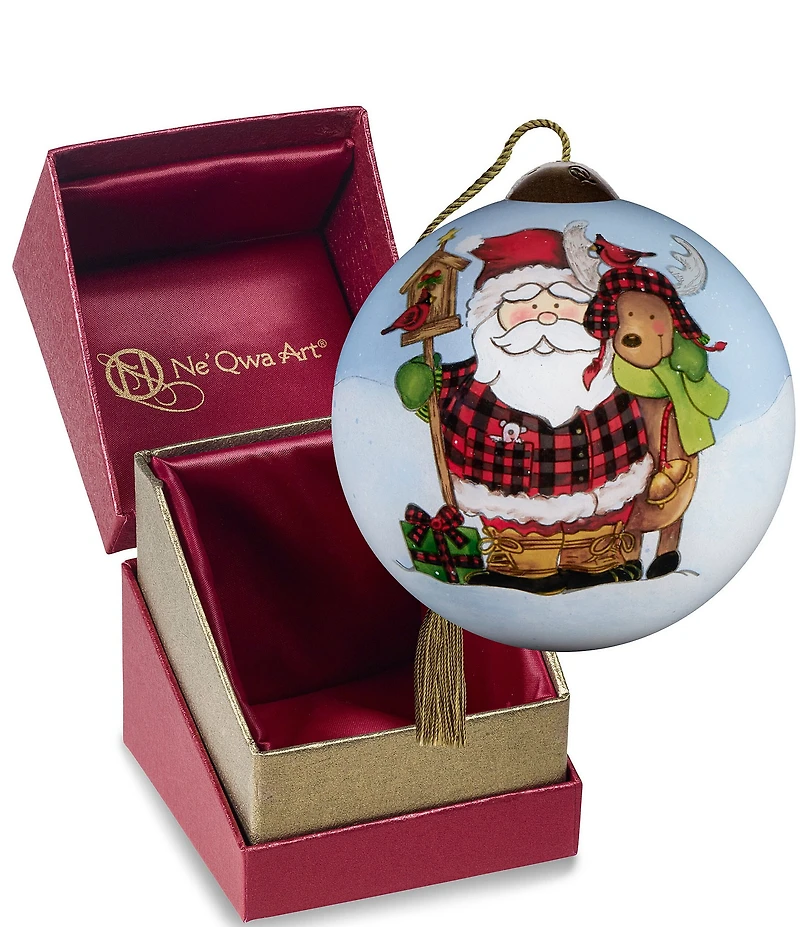 Ne' Qwa Art Santa With Reindeer In Buffalo Check Hand Painted Blown Glass Ornament