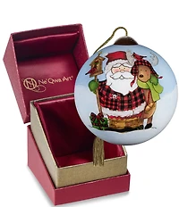 Ne' Qwa Art Santa With Reindeer In Buffalo Check Hand Painted Blown Glass Ornament