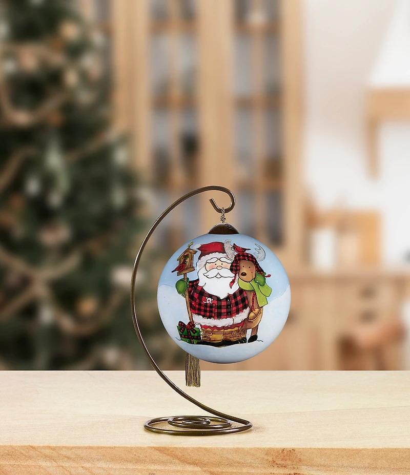 Ne' Qwa Art Santa With Reindeer In Buffalo Check Hand Painted Blown Glass Ornament