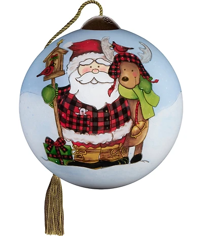 Ne' Qwa Art Santa With Reindeer In Buffalo Check Hand Painted Blown Glass Ornament