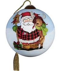 Ne' Qwa Art Santa With Reindeer In Buffalo Check Hand Painted Blown Glass Ornament