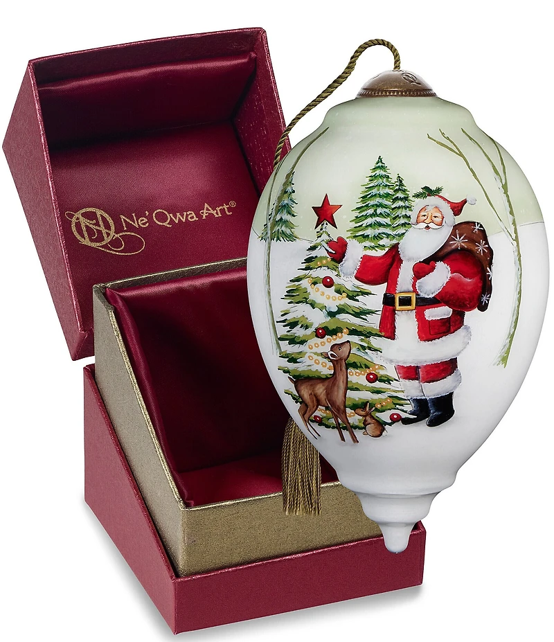 Ne' Qwa Art Santa With Tree and Deer Hand Painted Blown Glass Ornament