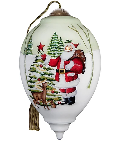 Ne' Qwa Art Santa With Tree and Deer Hand Painted Blown Glass Ornament