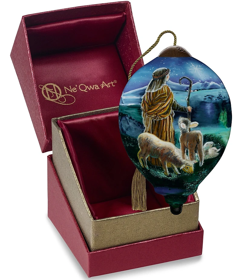 Ne' Qwa Art Shepherd Boy with Lambs Hand Painted Blown Glass Ornament