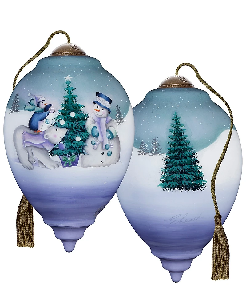 Ne' Qwa Art Snowman, Polar Bear, and Penguin With Tree Hand Painted Blown Glass Ornament