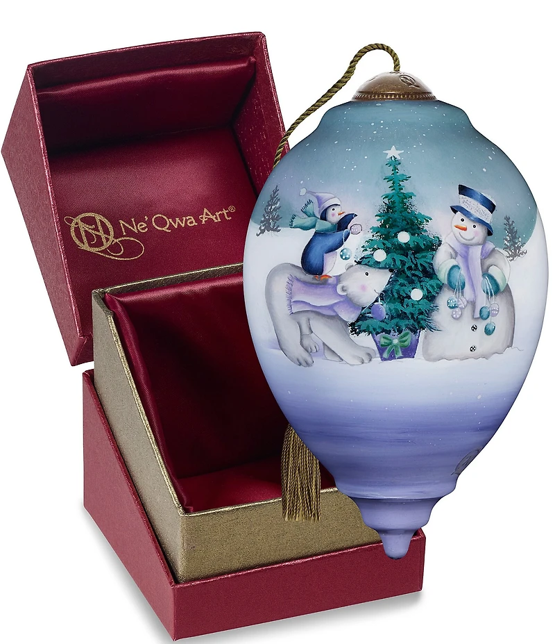 Ne' Qwa Art Snowman, Polar Bear, and Penguin With Tree Hand Painted Blown Glass Ornament