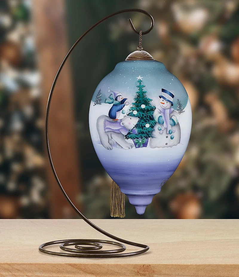 Ne' Qwa Art Snowman, Polar Bear, and Penguin With Tree Hand Painted Blown Glass Ornament