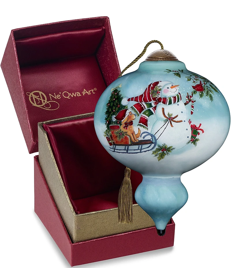 Ne' Qwa Art Snowman Pulling Sled With Puppy Hand Painted Blown Glass Ornament