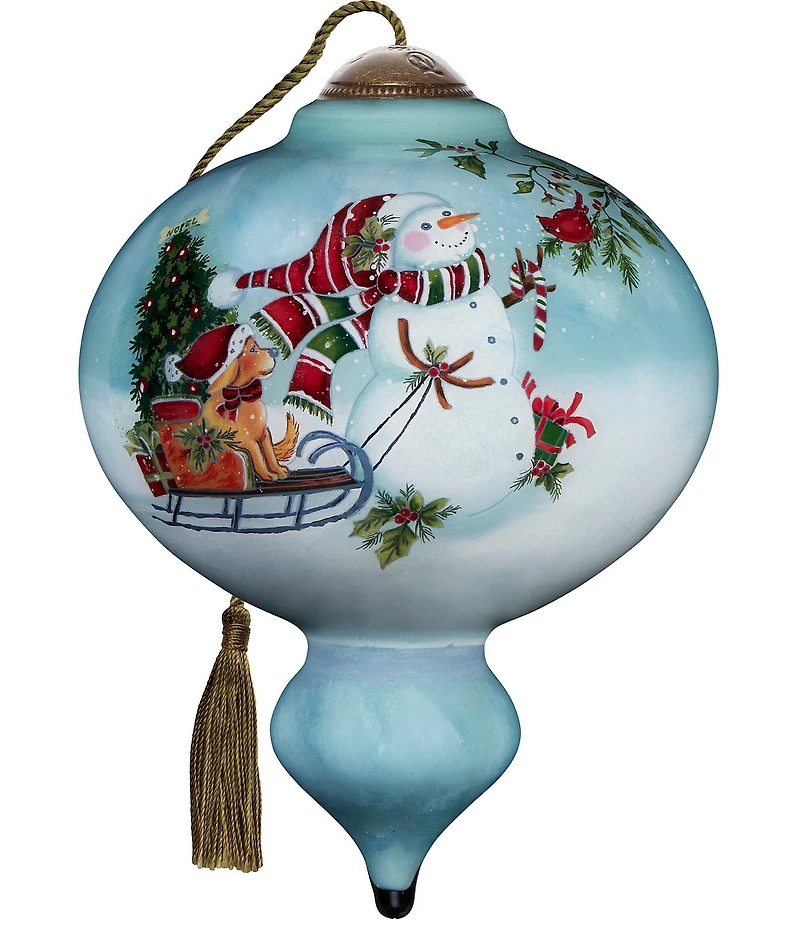 Ne' Qwa Art Snowman Pulling Sled With Puppy Hand Painted Blown Glass Ornament