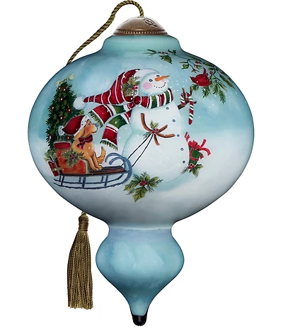 Ne' Qwa Art Snowman Pulling Sled With Puppy Hand Painted Blown Glass Ornament