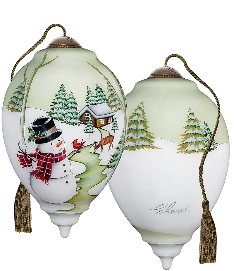 Ne' Qwa Art Snowman with Cabin in Background Hand Painted Blown Glass Ornament