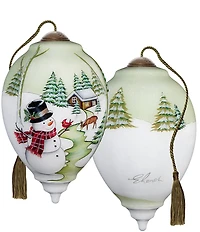 Ne' Qwa Art Snowman with Cabin in Background Hand Painted Blown Glass Ornament