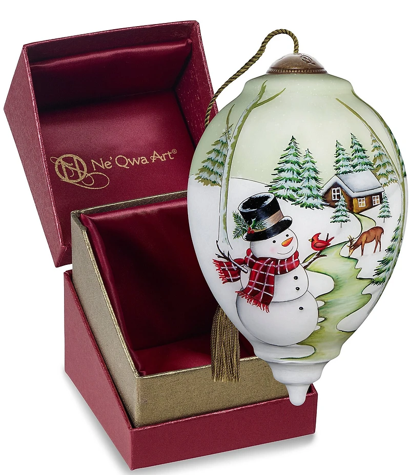Ne' Qwa Art Snowman with Cabin in Background Hand Painted Blown Glass Ornament