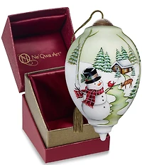 Ne' Qwa Art Snowman with Cabin in Background Hand Painted Blown Glass Ornament